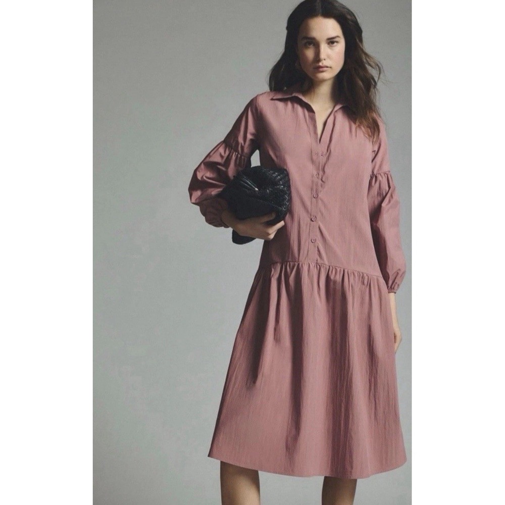 Maeve Anthropologie Button-Front Taffeta Dress Sz SP Mauve Pink